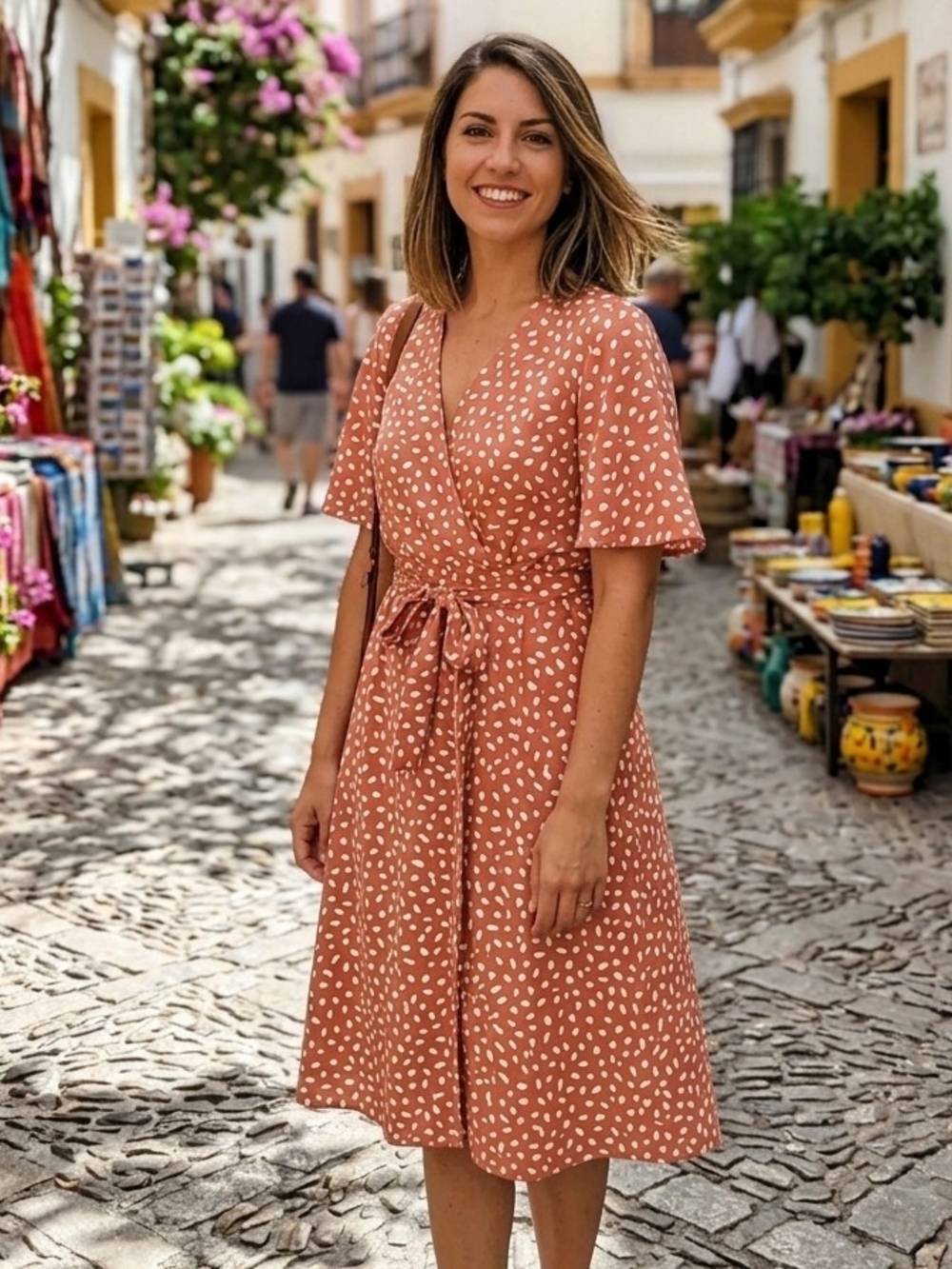Coral with White Abstract Polka Dots Belted Dress from Shein Women's Size Medium